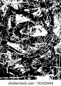 Print distress background in black and white texture with  dark spots, scratches and lines. Abstract vector illustration