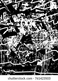 Print distress background in black and white texture with  dark spots, scratches and lines. Abstract vector illustration