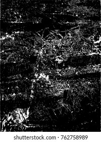 Print distress background in black and white texture with  dark spots, scratches and lines. Abstract vector illustration