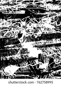 Print distress background in black and white texture with  dark spots, scratches and lines. Abstract vector illustration