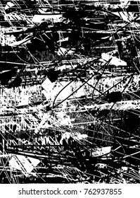 Print distress background in black and white texture with  dark spots, scratches and lines. Abstract vector illustration