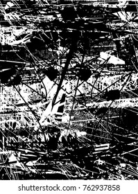 Print distress background in black and white texture with  dark spots, scratches and lines. Abstract vector illustration
