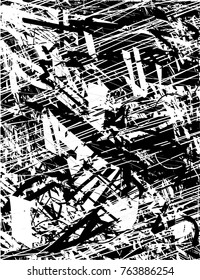 Print distress background in black and white texture with  dark spots, scratches and lines. Abstract vector illustration