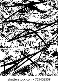 Print distress background in black and white texture with  dark spots, scratches and lines. Abstract vector illustration
