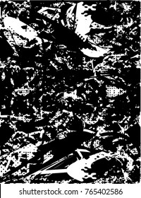 Print distress background in black and white texture with  dark spots, scratches and lines. Abstract vector illustration