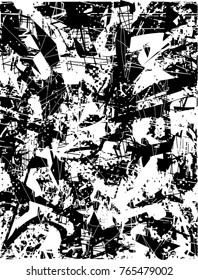 Print distress background in black and white texture with  dark spots, scratches and lines. Abstract vector illustration