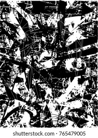 Print distress background in black and white texture with  dark spots, scratches and lines. Abstract vector illustration