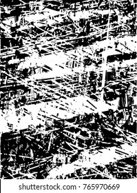 Print distress background in black and white texture with  dark spots, scratches and lines. Abstract vector illustration