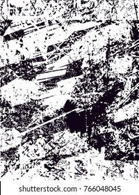 Print distress background in black and white texture with  dark spots, scratches and lines. Abstract vector illustration