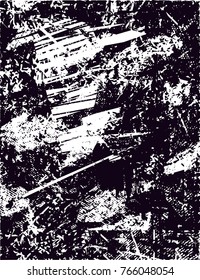 Print distress background in black and white texture with  dark spots, scratches and lines. Abstract vector illustration