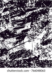 Print distress background in black and white texture with  dark spots, scratches and lines. Abstract vector illustration