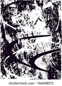 Print distress background in black and white texture with  dark spots, scratches and lines. Abstract vector illustration