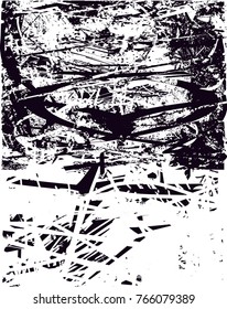 Print distress background in black and white texture with  dark spots, scratches and lines. Abstract vector illustration