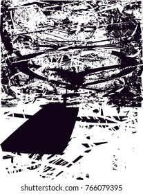 Print distress background in black and white texture with  dark spots, scratches and lines. Abstract vector illustration
