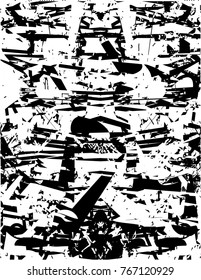 Print distress background in black and white texture with  dark spots, scratches and lines. Abstract vector illustration