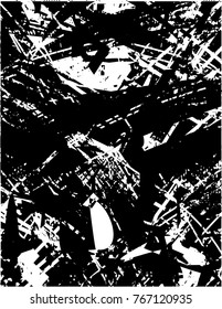 Print distress background in black and white texture with  dark spots, scratches and lines. Abstract vector illustration