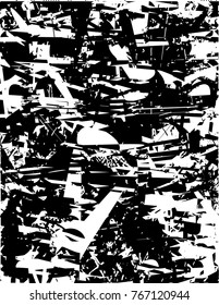 Print distress background in black and white texture with  dark spots, scratches and lines. Abstract vector illustration
