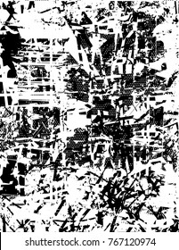 Print distress background in black and white texture with  dark spots, scratches and lines. Abstract vector illustration