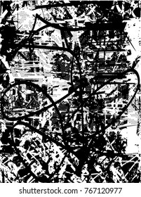 Print distress background in black and white texture with  dark spots, scratches and lines. Abstract vector illustration
