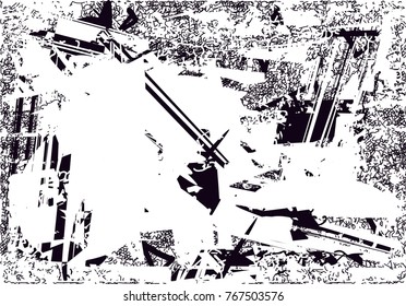 Print distress background in black and white texture with  dark spots, scratches and lines. Abstract vector illustration