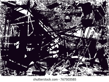 Print distress background in black and white texture with  dark spots, scratches and lines. Abstract vector illustration