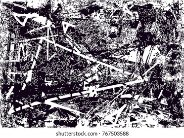 Print distress background in black and white texture with  dark spots, scratches and lines. Abstract vector illustration