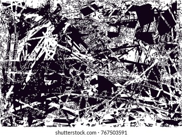 Print distress background in black and white texture with  dark spots, scratches and lines. Abstract vector illustration
