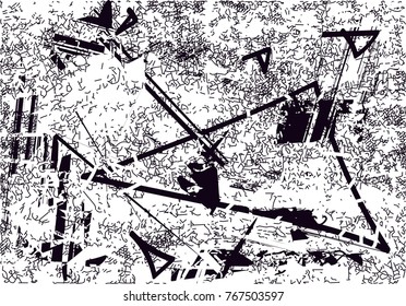 Print distress background in black and white texture with  dark spots, scratches and lines. Abstract vector illustration