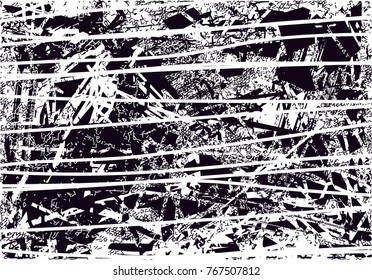 Print distress background in black and white texture with  dark spots, scratches and lines. Abstract vector illustration