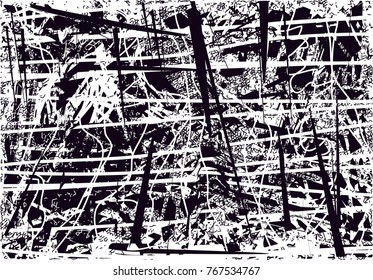 Print distress background in black and white texture with  dark spots, scratches and lines. Abstract vector illustration