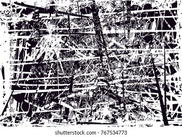 Print distress background in black and white texture with  dark spots, scratches and lines. Abstract vector illustration