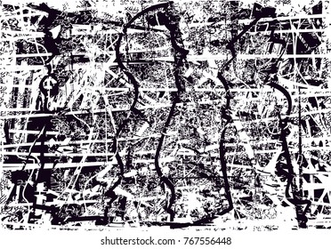 Print distress background in black and white texture with  dark spots, scratches and lines. Abstract vector illustration