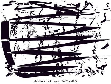 Print distress background in black and white texture with  dark spots, scratches and lines. Abstract vector illustration