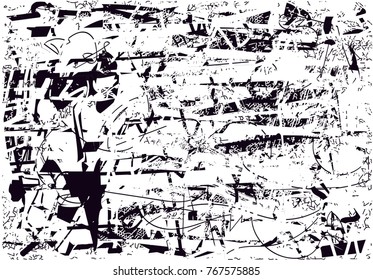 Print distress background in black and white texture with  dark spots, scratches and lines. Abstract vector illustration
