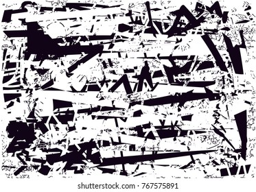 Print distress background in black and white texture with  dark spots, scratches and lines. Abstract vector illustration