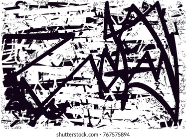 Print distress background in black and white texture with  dark spots, scratches and lines. Abstract vector illustration