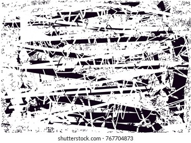 Print distress background in black and white texture with  dark spots, scratches and lines. Abstract vector illustration