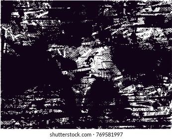 Print distress background in black and white texture with  dark spots, scratches and lines. Abstract vector illustration