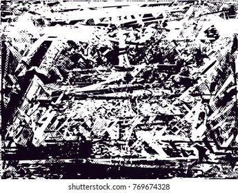 Print distress background in black and white texture with  dark spots, scratches and lines. Abstract vector illustration