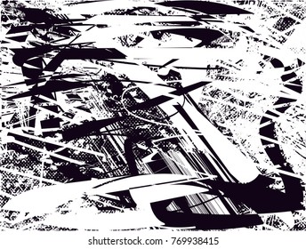 Print distress background in black and white texture with  dark spots, scratches and lines. Abstract vector illustration