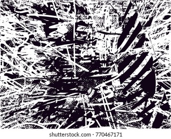 Print distress background in black and white texture with  dark spots, scratches and lines. Abstract vector illustration
