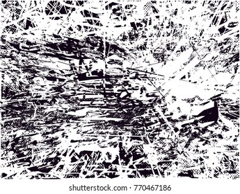 Print distress background in black and white texture with  dark spots, scratches and lines. Abstract vector illustration