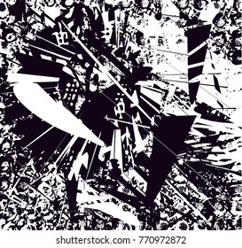 Print distress background in black and white texture with  dark spots, scratches and lines. Abstract vector illustration