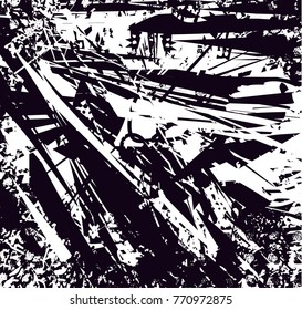 Print distress background in black and white texture with  dark spots, scratches and lines. Abstract vector illustration