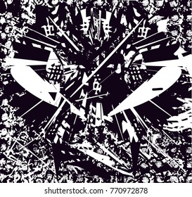 Print distress background in black and white texture with  dark spots, scratches and lines. Abstract vector illustration
