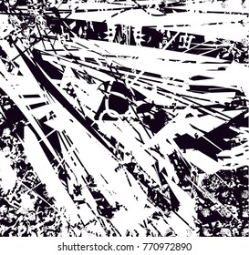 Print distress background in black and white texture with  dark spots, scratches and lines. Abstract vector illustration