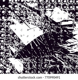 Print distress background in black and white texture with  dark spots, scratches and lines. Abstract vector illustration