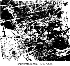 Print distress background in black and white texture with  dark spots, scratches and lines. Abstract vector illustration