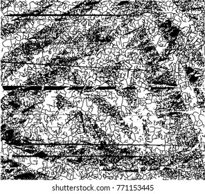 Print distress background in black and white texture with  dark spots, scratches and lines. Abstract vector illustration