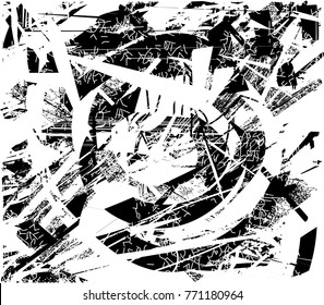 Print distress background in black and white texture with  dark spots, scratches and lines. Abstract vector illustration